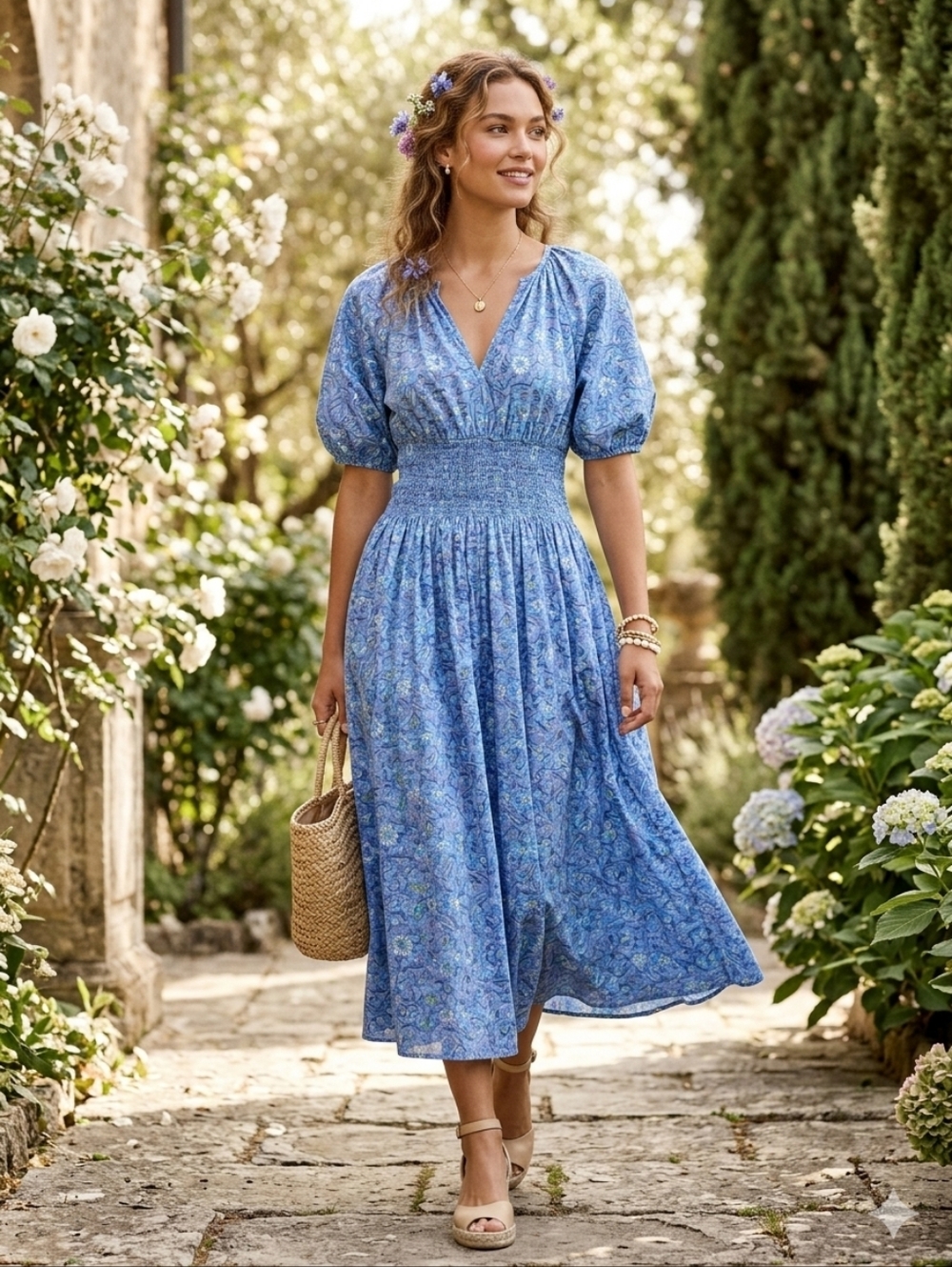 Floral Blue Smocked Dress